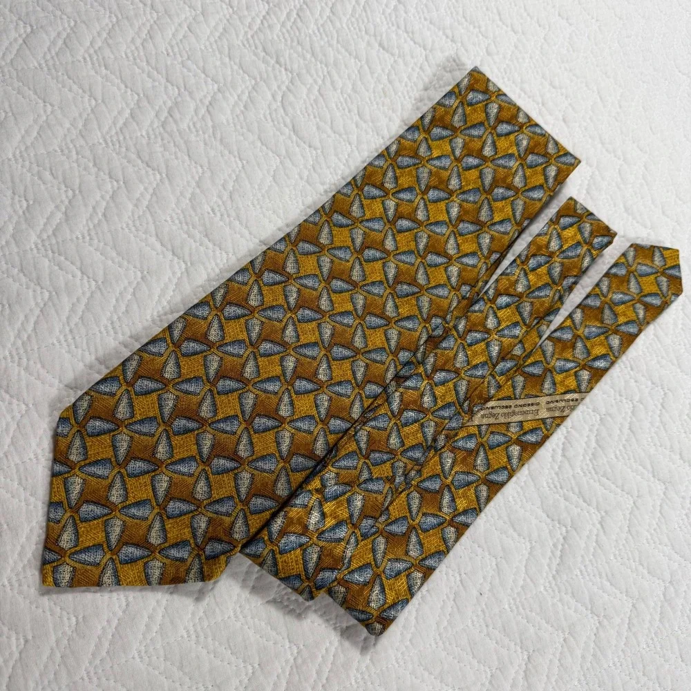 Ermenegildo Zegna 100% Silk Tie Geometric Pattern Mustard Blue Made in Italy Men